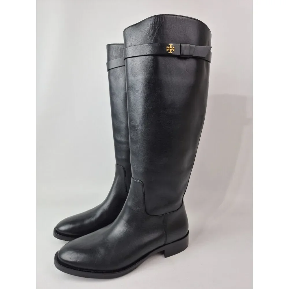 Tory Burch Women's Black Everly Strap Riding Boots Leather Size 7.5 Wide Calf